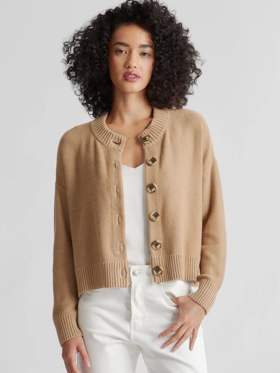 Quince Sweaters - Quince 100% Organic Cotton Cropped Cardigan in Camel Size Small